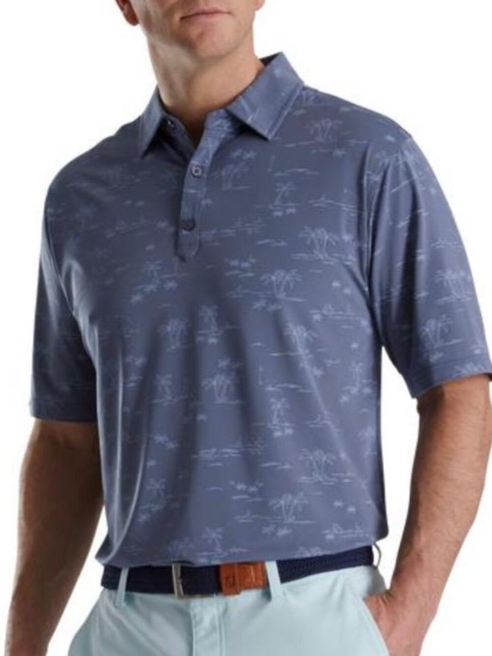 FootJoy Tropic Golf Print Polo Shirt Men’s L Blue Palm Tree Stretch Performance